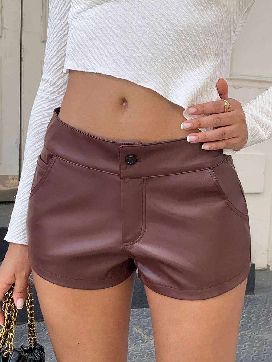 Chiquease Damen einfarbige Shorts mit Tasche, vielseitig einsetzbar, aus PU - Braun - Übersicht 1