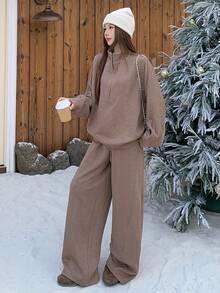 DAZY Women's Solid Color Minimalist Crew Neck Long Sleeve Top And Pants 2-Piece Set Lounge Sets For Women - Brown - View 1