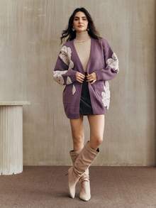 Anewsta 法式复古优雅宽松提花花卉开衫，中长款，秋冬款 - 紫色 - 查看 5