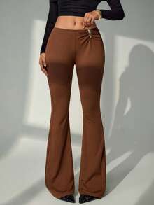 Bluhae 女士时尚通勤风纯色金属扣装饰弹力腰褶裥修身喇叭裤，适合日常、办公穿着 - 棕色 - 查看 6