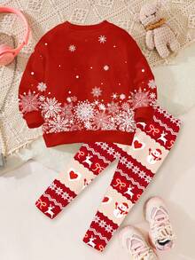 SHEIN Happikins Christmas Cute Cartoon 3D Reindeer Print Young Girl Crew Neck Sweatshirt And Skinny Leggings Set For Autumn,Family Matching,Winter - Multicolor - View 2