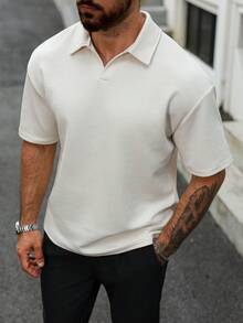 Manfinity CasualCool 加大码男士纹理面料休闲Polo衫，男士Polo衫，男士针织衫，奶油色上衣，男士纽扣针织Polo衫，男士夏季纯色短袖Polo衫，Manfinity男士夏季纯色短袖休闲通勤Polo衫，适合高尔夫等场合，白色Polo衫，日常休闲、周末旅行、户外活动、探险旅行、轻松的工作环境或半正式场合，男友/丈夫礼物，周年纪念/生日礼物，派对、暑假、新年、婚礼、情人节 - 米色 - 查看 1