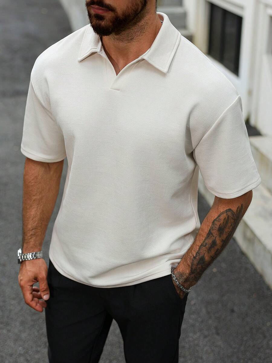 Manfinity CasualCool 加大码男士纹理面料休闲Polo衫，男士Polo衫，男士针织衫，奶油色上衣，男士纽扣针织Polo衫，男士夏季纯色短袖Polo衫，Manfinity男士夏季纯色短袖休闲通勤Polo衫，适合高尔夫等场合，白色Polo衫，日常休闲、周末旅行、户外活动、探险旅行、轻松的工作环境或半正式场合，男友/丈夫礼物，周年纪念/生日礼物，派对、暑假、新年、婚礼、情人节 - 米色 - 查看 1