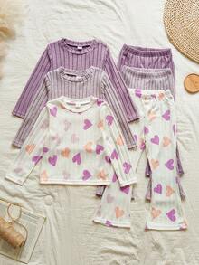 SHEIN Vintaside Kids 3 قطعة/طقم بنات كاجوال بتصميم قلب ملون بياقة دائرية وأكمام طويلة، قميص بياقة دائرية وأكمام طويلة + بنطلون واسع، مناسب للارتداء اليومي، للربيع/الخريف/الشتاء