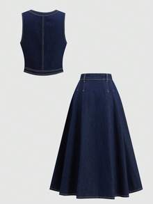 SHEIN MOD 女士休闲时尚街头风单排扣打结背心和喇叭下摆牛仔裙套装，春夏秋季 - 深色水洗藍 - 查看 2