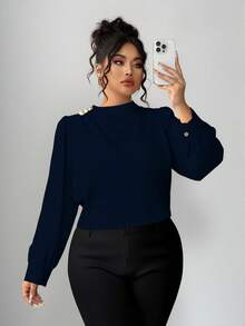Elenzga Plus Size Solid Color Stand Collar Button Decor Elegant Long Sleeve Shirt - Royal Blue - View 4