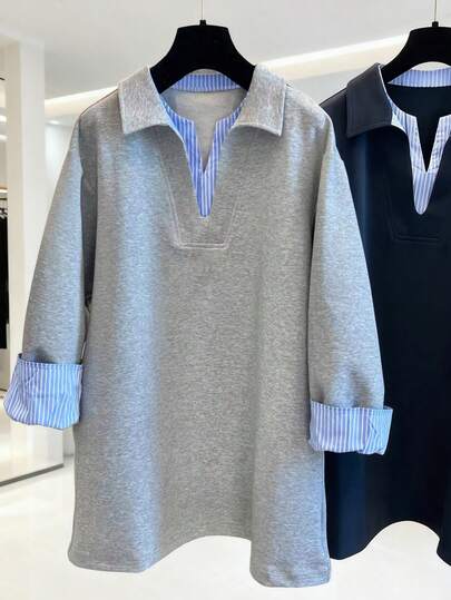 Franclia 女士休闲日常/通勤条纹拼接宽松短连衣裙，春秋季