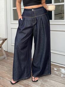 Dazy Plus Quần jean denim ống rộng dáng rộng màu tối, dáng rộng, thanh lịch, thường ngày, phù hợp cho mọi mùa - Rửa tối - Xem 5