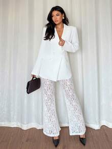 Almamuse Women's Elegant Loose Double-Breasted Long Sleeve Blazer Jacket And Flared Lace Pants Set, Spring/Autumn White Blazer Women Women Suit Set White Suits For Woman White Pants Suit Women White Outfits - White - View 4