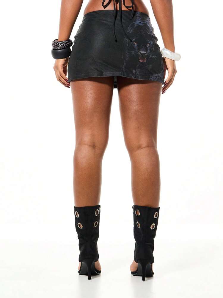 SUMWON WOMEN パンサー柄メッシュミニスカート ボディコン フィット ハイライズ サイドタイ ディテール パーティー クラブ フェスティバル