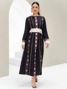 Al Najma Women's Vintage Arabic Style Flared Sleeve Waist Cinched Midi Dress - Black - View 4
