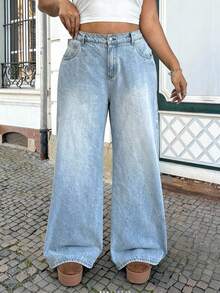 Dripcurv Plus-Size Women's Light Blue Casual Jeans, Suitable For All Seasons, Perfect For New Year's And Christmas.