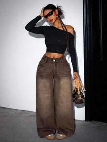 SHEIN ICON ICON Women's Loose Straight Leg Blue Denim Jeans,Wide Leg Women Pants,Baggy Women Pants,Women Jeans Pants - Brown - View 6