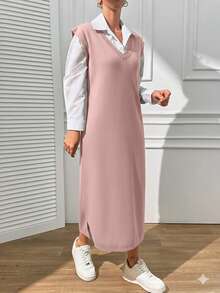 EURMUSE V Neck Sleevless Midi Dress With Slit - Dusty Pink - View 5