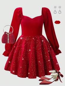 SHEIN 少女银心领连衣裙 - 紅色 - 查看 1