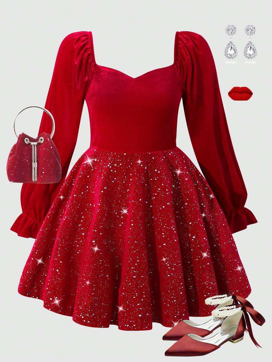 SHEIN 少女银心领连衣裙 - 紅色 - 查看 1