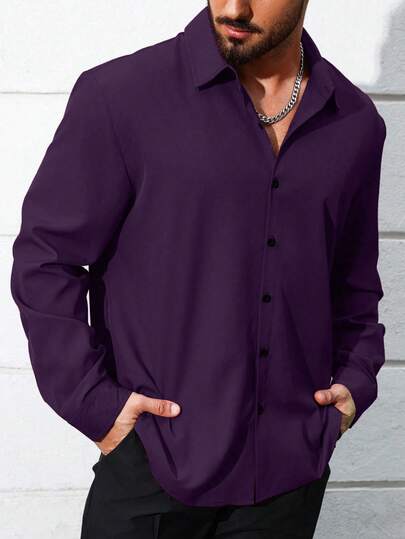 Manfinity Homme Plus Size Men's Casual Solid Color Long Sleeve Loose Fit Shirt, Suitable For Daily Commute, Spring/Autumn