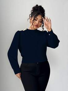 Elenzga Plus Size Solid Color Stand Collar Button Decor Elegant Long Sleeve Shirt - Royal Blue - View 3