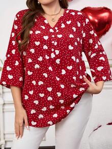 EMERY ROSE Áo kiểu nữ cỡ lớn Valentine mùa xuân, họa tiết chấm bi đỏ và trái tim, tay lửng màu đỏ tía, thích hợp cho kỳ nghỉ xuân, du lịch, đi chơi, mẫu mới năm 2026, đơn giản và thời trang cho mặc hàng ngày. - Đỏ - Xem 2