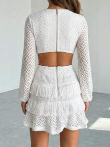 Conjunto de dos piezas para mujer con falda de capas con flecos y blusa de manga translúcida y escote profundo en V - Blanco - Ver 2