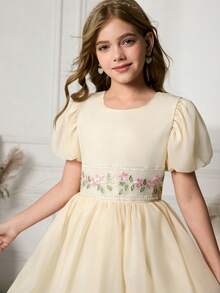 Tween Girls' Elegant Elegant Soft Apricot Puff Sleeve Round Neck Waist Cute Embroidered Floral Belt Decor Fluffy Dress - Apricot - View 7