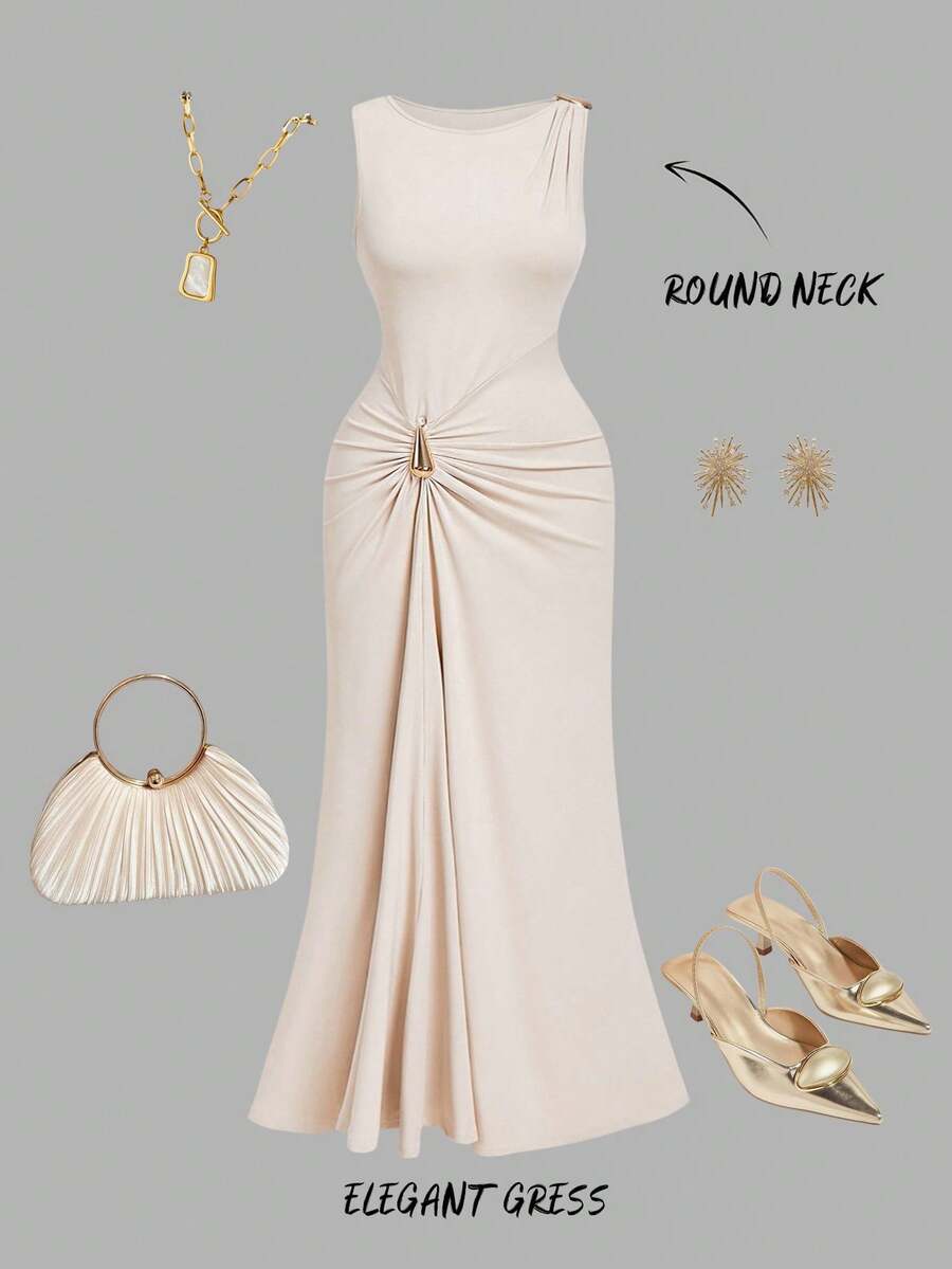 SHEIN MOD 大码女式杏色金属扣褶皱不对称修身连衣裙，秋冬连衣裙，商务休闲女装，早午餐女装，休闲女装，哥特风连衣裙，职场女装，办公室连衣裙，优雅女装，休闲连衣裙 - 杏色 - 查看 1