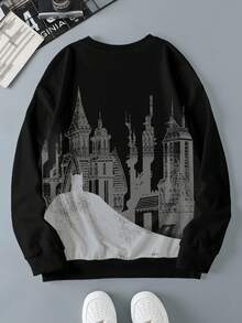 BATMAN X SHEIN Sudadera casual de hombre con gráfico de letras y figuras para otoño - Blanco - Ver 2