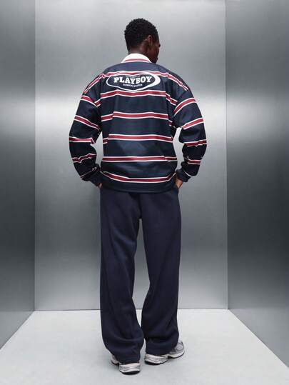 PLAYBOY X SUMWON Striped Polo Co-Ord Set Long Sleeve Rugby Shirt With Matching Sweatpants Casual Coordinated Outfit