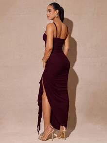 Silquee Elegant Sage Green Romantic Ruffle Sleeve High Slit Dress, Lace Bodycon Party Dress For Women, Suitable For Valentine's Day, Date, Wedding, Prom - Maroon - View 2