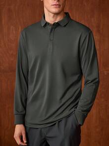 Officeau 男士长袖 Polo 衫，休闲轻薄商务纯色简约校园风长袖 T 恤，秋冬春夏皆宜 - 墨綠色 - 查看 5