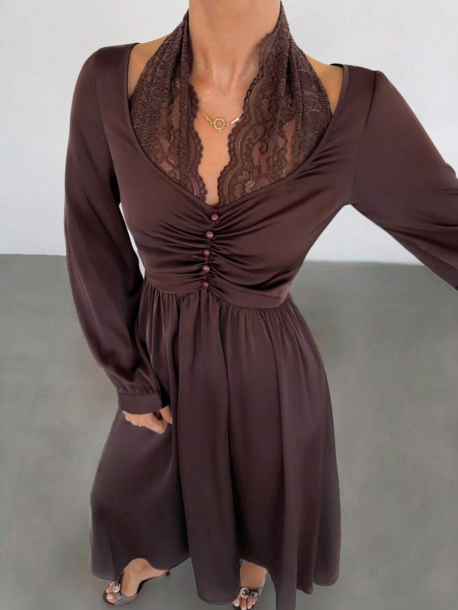 Siren Gaze 女士纯色V领长袖收腰性感蕾丝拼接连衣裙 - 咖啡 - 查看 1