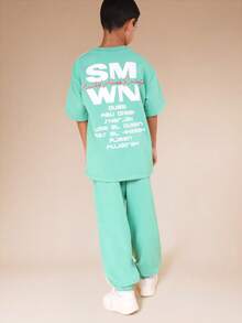SUMWON Boys Oversized Mint Green T-Shirt And Jogger Set With White Side Stripe Details And Mixed Graphic Text Print Casual Vacation - Green - View 7