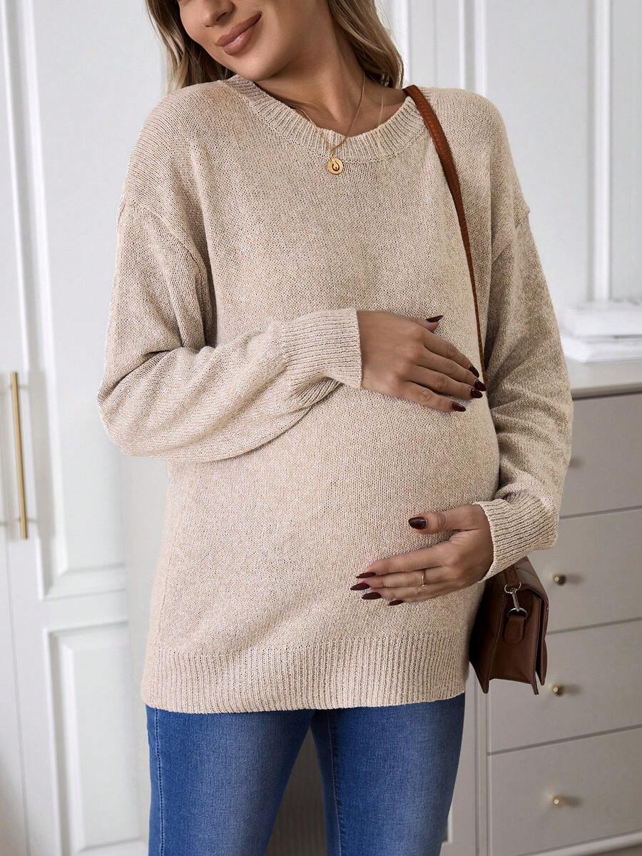 SHEIN Maternity Casual Everyday Commute Simple Solid Color Dropped Shoulder Loose Knit Sweater, Autumn/Winter - Khaki - View 1
