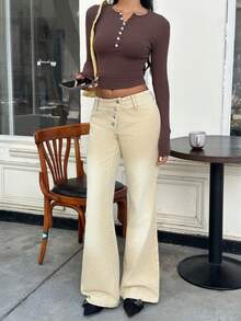 SHEIN EZwear Women's Casual Washed Flared Leg Corduroy Low Waist Pants With Front Button, Autumn/Winter,Street Wear - Khaki - View 7