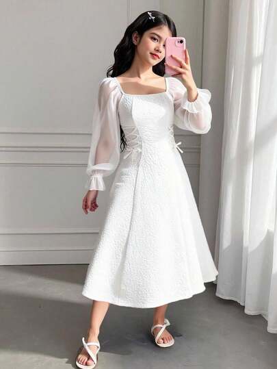 圣诞节、万圣节、黑色连衣裙、白色连衣裙、冬季服装、冬季套装、儿童冬季服装、秋季服装、万圣节、万圣节服装、圣诞节服装、少女花卉提花方领侧系腰优雅连衣裙