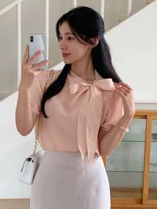 DAZY Women's Elegant Solid Color Bow Tie Short Sleeve Blouse Summer - Pink - View 4
