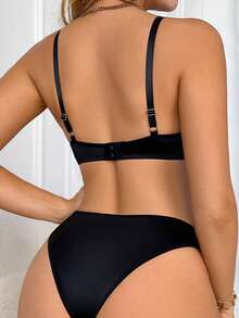 SHEIN 2pcs/Set Simple Solid Color Bra Set With Wire Black Bra And Panty Set - Black - View 2