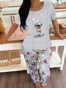 Dream Adore 女士咖啡杯印花休闲圆领短袖睡衣套装 - 灰色 - 查看 6