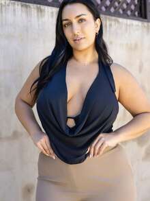 Truni Women's Plus Size Draped Front Backless Halter Bodysuit, Beach Outfits For Woman Beach Vacation Outfits, Spring Outfits For Women, Summer Outfits For Women, Concert Outfit Women, Rave Outfits Festival, Streetwear For Women, Graduation Outfit Women, For Pear Triangle Body Shape - Black - View 7