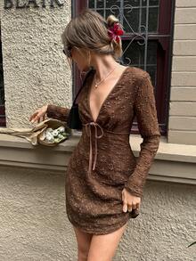 SHEIN Frenchy Women's Brown Textured Deep V-Neck Long Sleeve Short Dress Spring - Brown - View 2