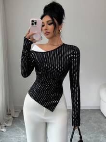 Elenzga Top de manga larga con hombro oblicuo, bajo asimétrico y parches de lentejuelas, elegante para uso diario, fiestas y otoño - Negro - Ver 3