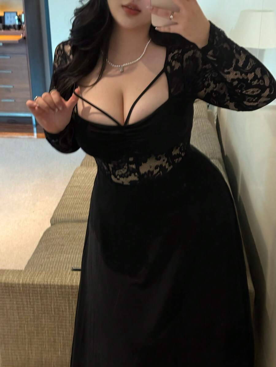 Vibekara 大码女士性感派对蕾丝拼接A字长裙，蕾丝长袖，胸部褶皱设计，优雅复古浪漫修身可爱端庄，适合日常穿着、返校、生日、派对、婚礼宾客、感恩节、春节、春季、秋季、夏季等场合。 - 黑色 - 查看 1