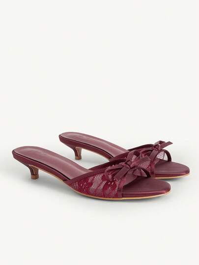 CUCCOO CHICEST Women's Elegant Commuter Versatile Sheer Lace Bow Decor Open Toe Kitten Heel Shoes For Christmas Elegant Shoes Wedding Shoes