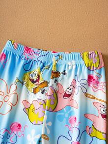 SpongeBob SquarePants | SHEIN 2pcs/Set Young Boy Ocean Cartoon Pattern Crew Neck Long Sleeve Top And Pants Knit Comfortable Casual Stretchy Pajama Set