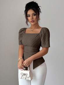 Elenzga 女士时尚优雅方领短袖收腰休闲粉色T恤上衣 - 棕色 - 查看 7