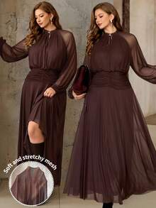 Roveilla 大码女式纯色弹力网纱立领V领系带蝴蝶结插肩袖褶裥A字长裙，巧克力棕色，优雅法式复古街头风简约百搭，适合冬季、万圣节、圣诞节、感恩节、下午派对、正式场合。 - 摩卡棕 - 查看 3