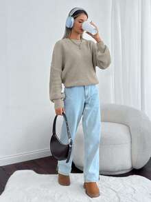 EURMUSE Women Solid Color Round Neck Drop Shoulder Chunky Pullover - Beige - View 6