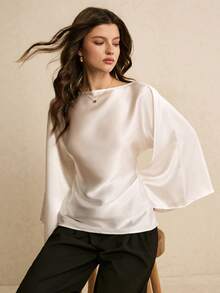 Poéselle 女士白色船领插肩袖优雅喇叭袖口衬衫，缎面系带腰身衬衫，白色，适合新年夜、派对、优雅女士衬衫、休闲女士衬衫、新年休闲装、日常穿着、外出、通勤等秋冬季场合，白色衬衫 - 白色 - 查看 4