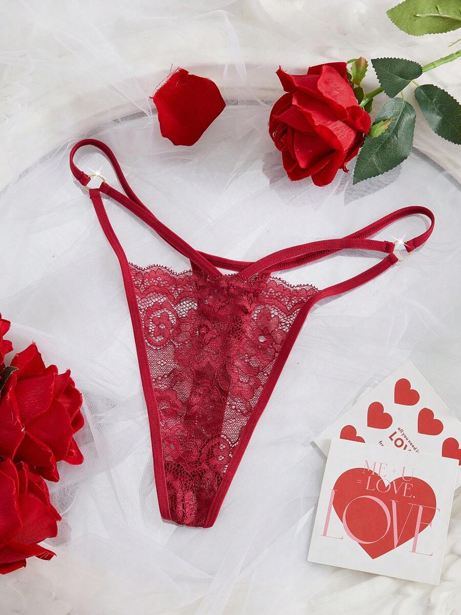 Floral Lace Cut Out G-String Sexy Lingerie - Burgundy - View 1