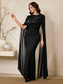 Al Najma Damen Silber Folie Schal Kragen Meerjungfrau Kleid, elegant für Bankette und Partys